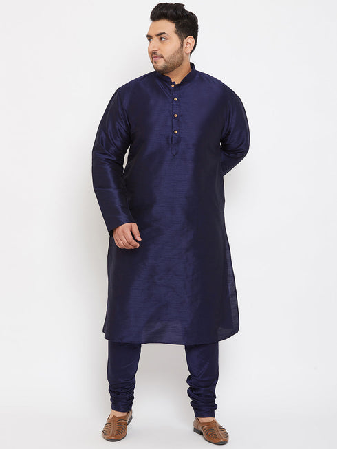 Vastramay Men's Plus Size Navy Blue Silk Blend Kurta Pyjama Set
